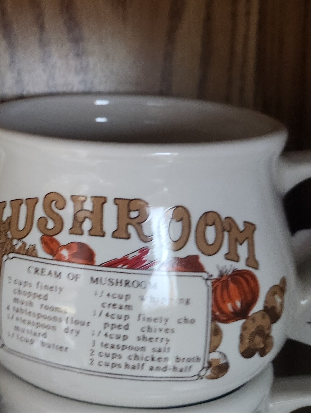 Cream of Mushroom Soup Mug - White with Brown & Orange Graphics
